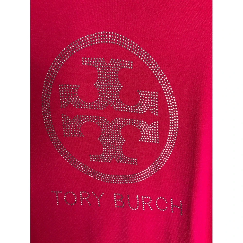 Tory Burch Pink V-Neck T-Shirt Bling Glam Short Sleeve Preppy Casual Designer L